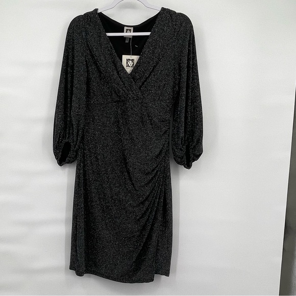 Anne Klein NWT black silver sparkly long sleeve faux wrap dress - Picture 1 of 11